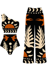 Abstract Art Birds and Sun Print Color Block High Waist Bikini Skirt Set