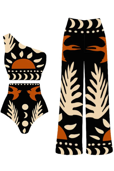 Abstract Art Birds and Sun Print Color Block High Waist Bikini Skirt Set