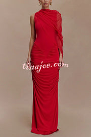 Fashionable Mesh Shawl Sleeveless Slim Fit Pleated Maxi Dress