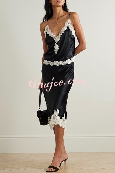 Celebration Look Contrast Color Satin Lace Trim V-Neck Slip Tank