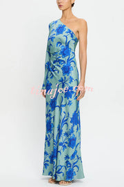 Satin Botanical Print One-Sleeve Resort Maxi Dress