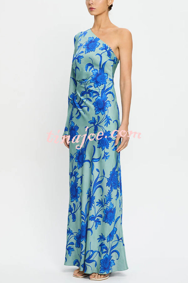 Satin Botanical Print One-Sleeve Resort Maxi Dress