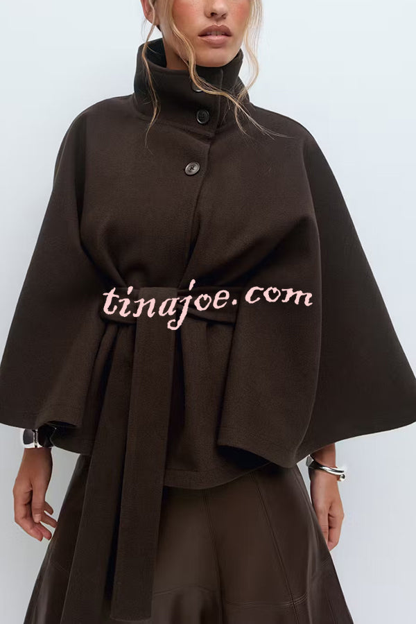 Fashionable Stand Collar Button Waist Tie Loose Cape