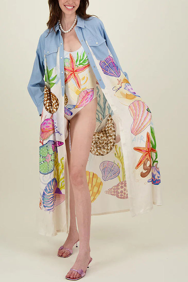 Take A Trip Marine Elements Unique Print Patchwork Pocketed Long Shirt Coat