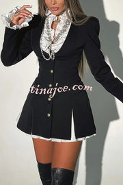 Altair Contrast Ruffled Shirt Patchwork Button Pleated Blazer Mini Dress