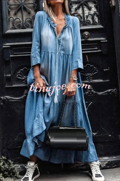 V Neck Long Sleeve Hem Denim Maxi Dress