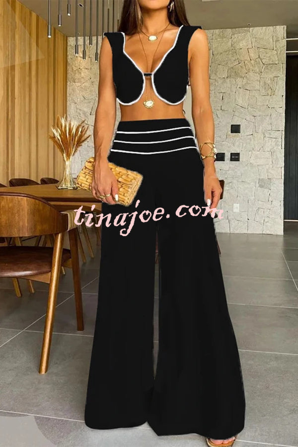 Solid Color Sexy V-neck Sleeveless Top and High-waisted Loose Pants Set