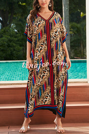 Unique Tie-dye Print V-neck Loose Holiday Cover-up Maxi Dress