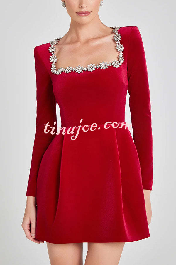 Endless Celebration Velvet Jewel Embellished Trim Long Sleeve Pocketed Mini Dress