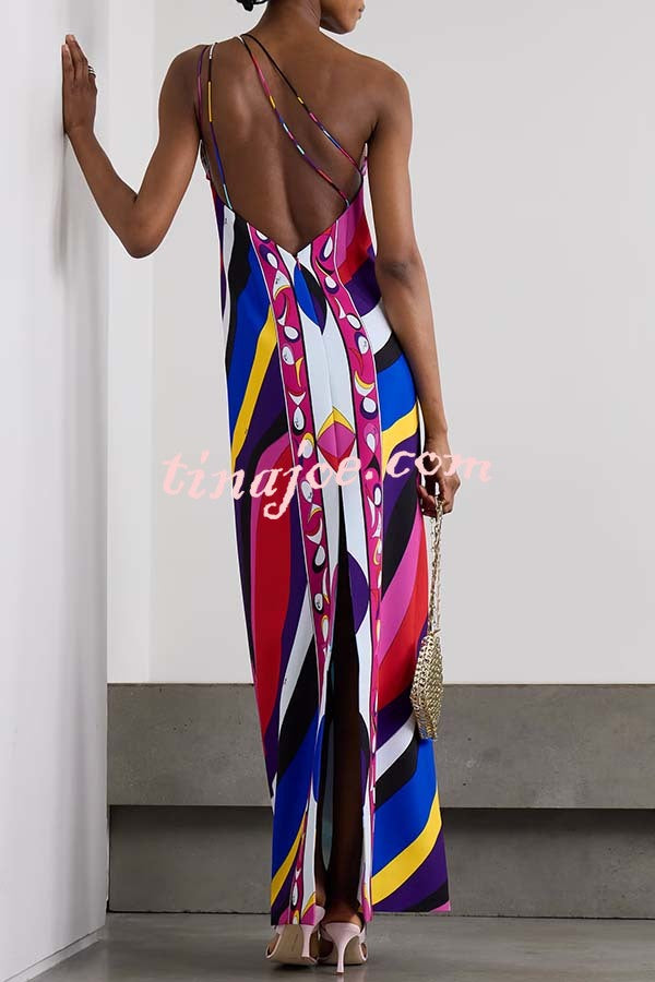 Rylin Unique Print One Shoulder Ring Strap Backless Slit Maxi Dress