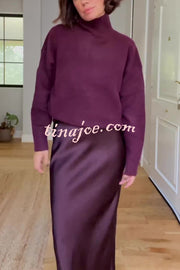 Jaelyn Solid Color Turtleneck Long Sleeve Sweater and Satin Elastic Waist Maxi Skirt Set