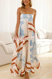 Botanical Print Square Neck Suspender Casual Full Hem Maxi Dress