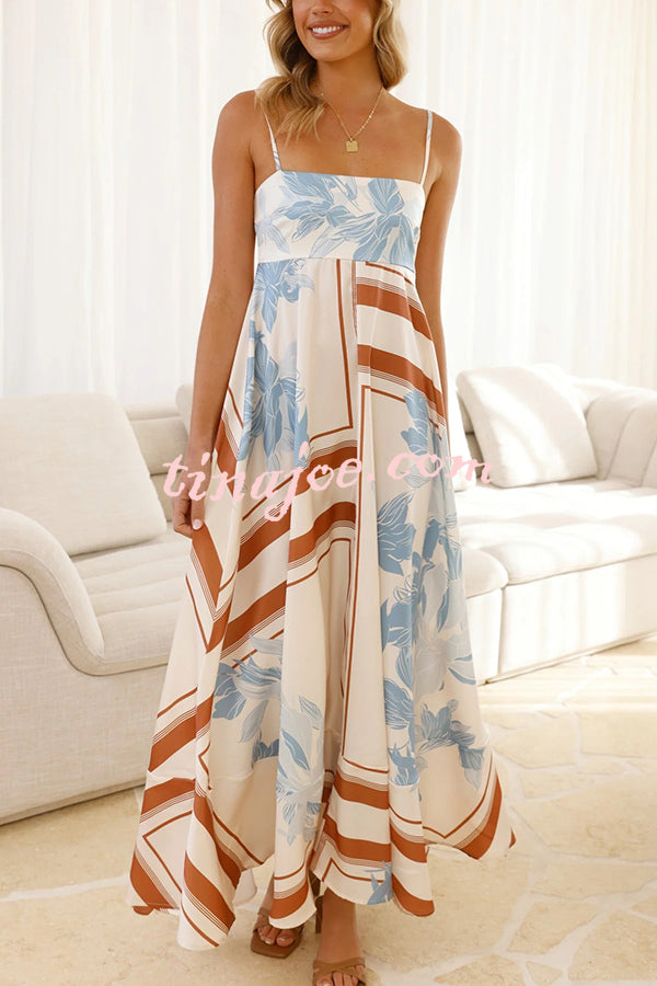Botanical Print Square Neck Suspender Casual Full Hem Maxi Dress