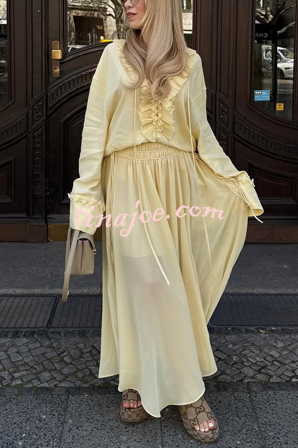 Solid Color Pleated Ruffled Tie Long Sleeve Loose Shirt