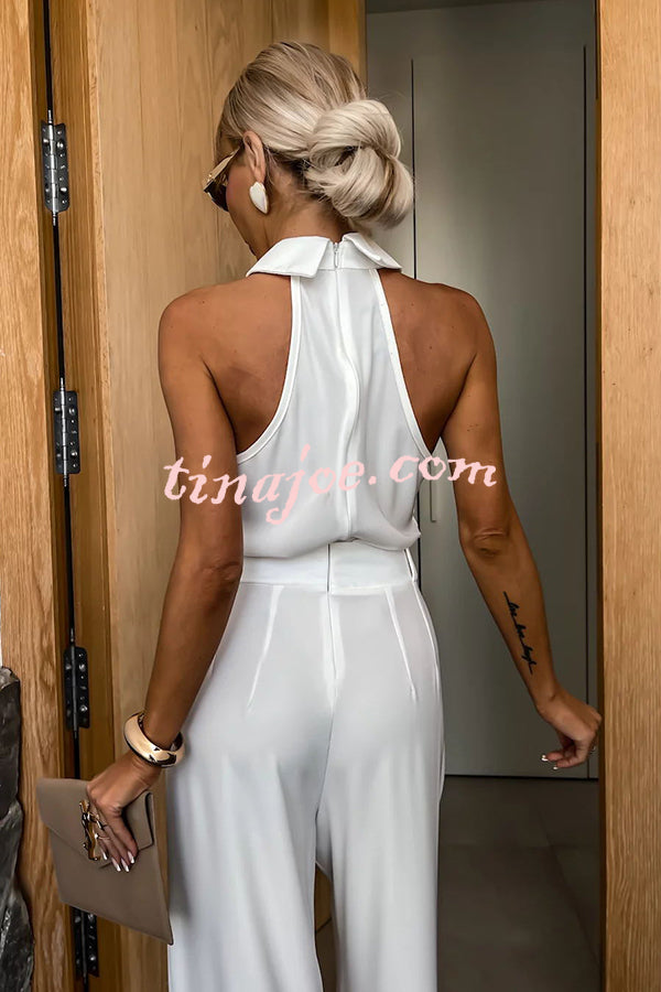 Fashionable Unique Look Halter Shirt Collar Pocketed Wide Leg Jumpsuit