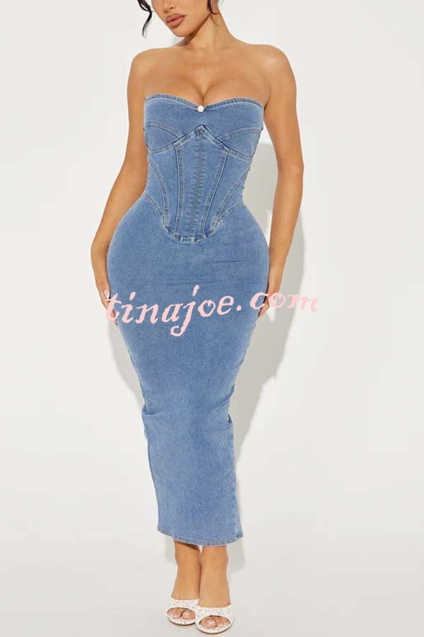 Cutie Denim Rosette Detail Corset Off Shoulder Stretch Maxi Dress