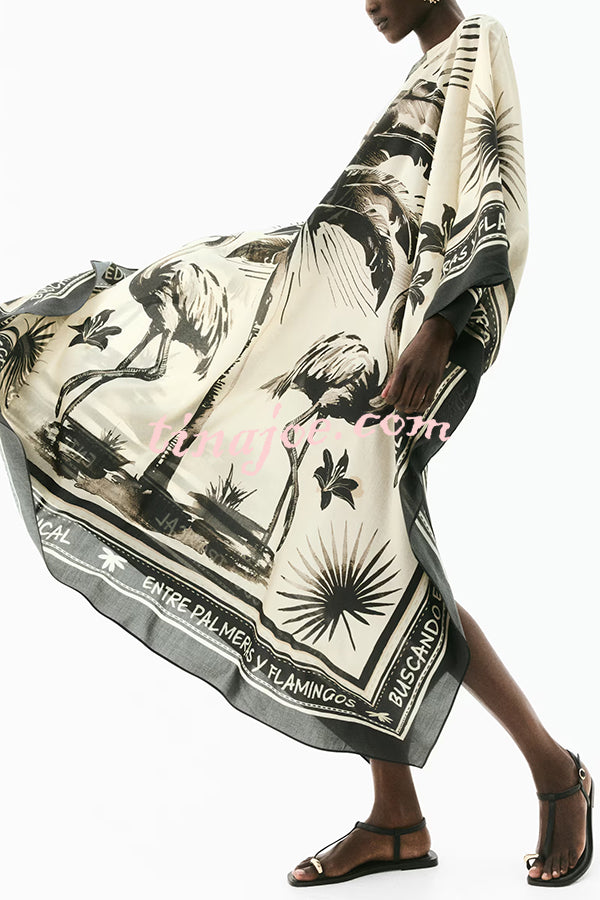 Flora Flamingo Print V-neck Loose Holiday Maxi Dress