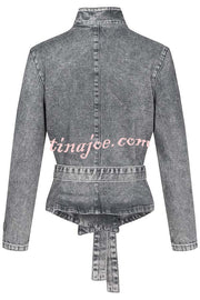 Casual Meetup Denim Stand Neck Long Sleeve Belted Loose Jacket