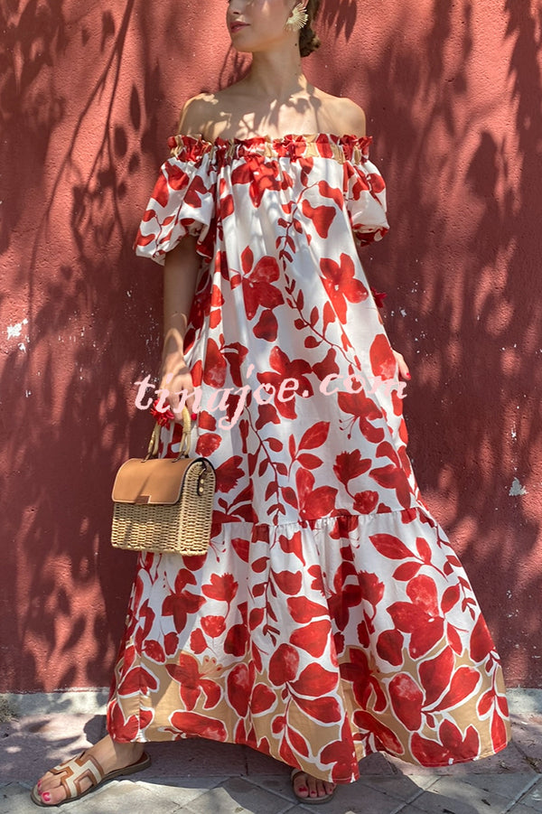 Floral Print Off-The-Shoulder Puff Sleeve Loose Holiday Maxi Dress