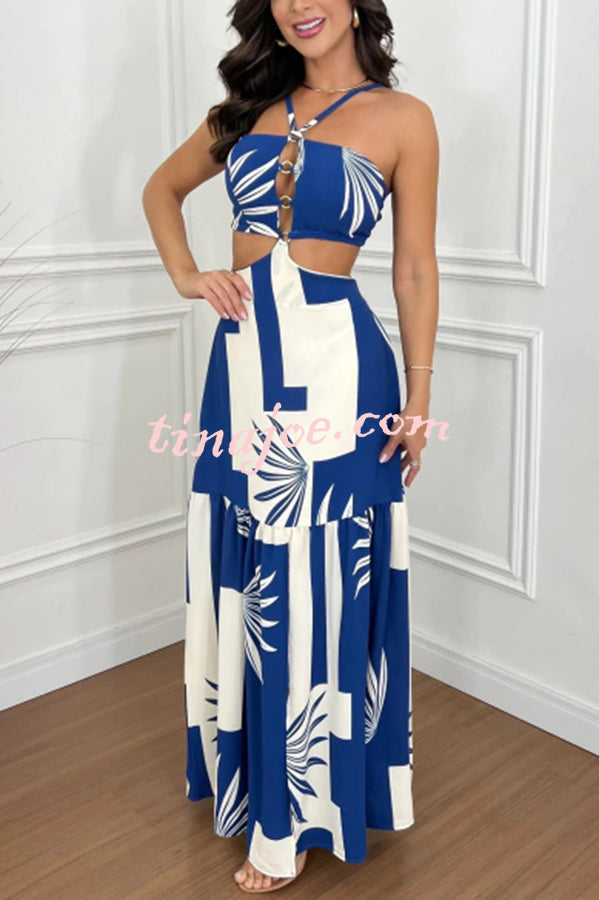 Farrier Printed Front Hollow Ring Design Cutout Slit Maxi Dress