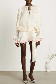 Ninah Glitter Fabric Pleated Balloon Sleeve Tiered Ruffle Hem Mini Dress