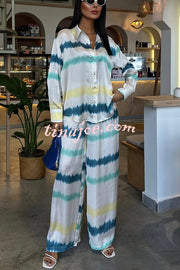 Lizbeth Satin Tie Dye Print Long Sleeve Shirt and Elastic Waist Pocketed Pants Set