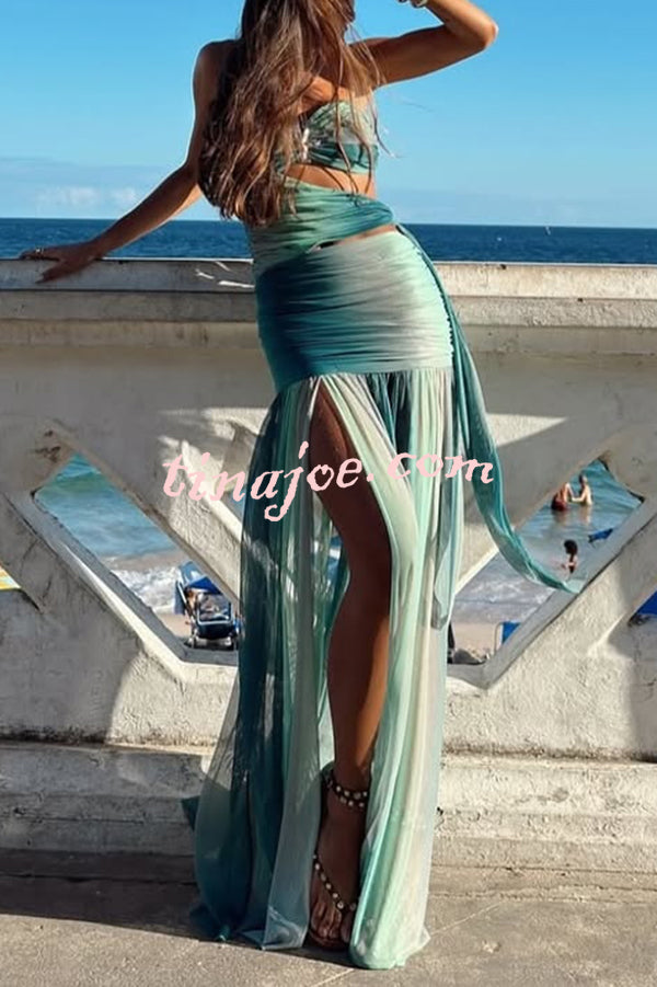 Soleil Mesh Printed Starfish Pendant Ruched Cutout Off Shoulder Maxi Dress