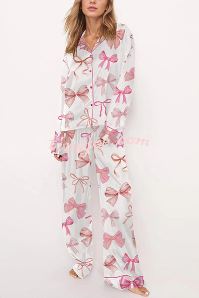 Stylish Bow-print Casual Long-sleeved Shirt and Elastic-waisted Wide-leg Pants Set