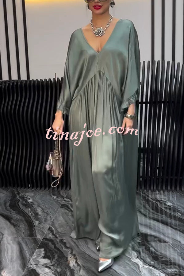 Satin Solid Color V-neck Lotus Leaf Sleeve Loose Pleated Maxi Dress