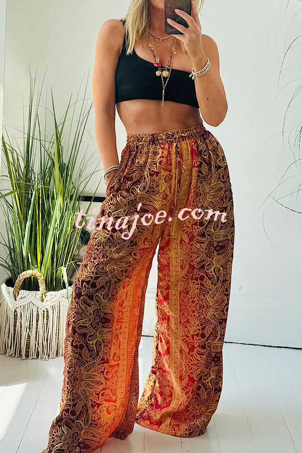 Vintage Boho Ethnic Print High Rise Elastic Drawstring Waist Pocketed Loose Pants