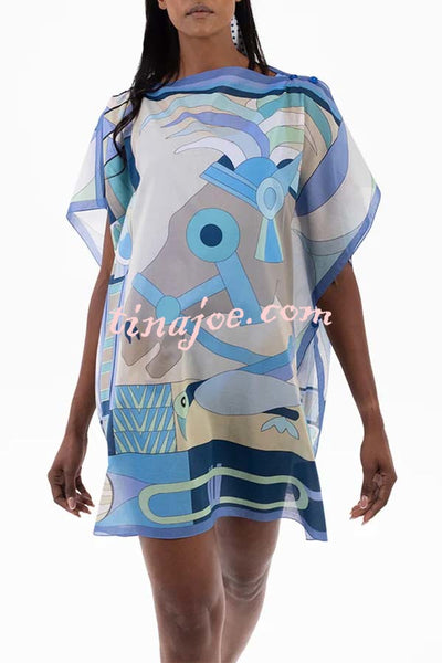 Horse Island Tulle Unique Print One Shoulder Button Detail Loose Cover-up Mini Dress