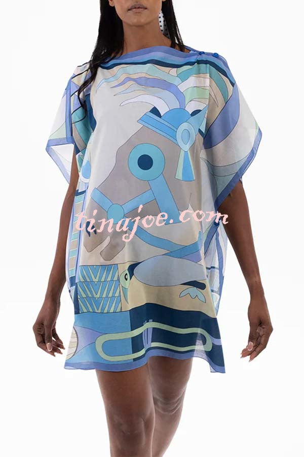Horse Island Tulle Unique Print One Shoulder Button Detail Loose Cover-up Mini Dress