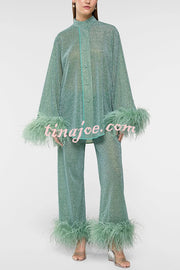 Glitter Fabric Feather Trim Long Sleeve Button Top and Elastic Waist Loose Straight Pants Set