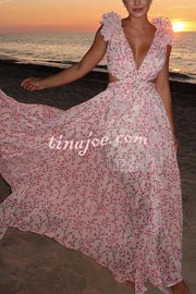 Lost in The Melody Chiffon Printed Flutter Sleeve Cutout Back Lace-up Maxi Dress