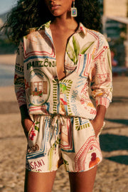 Ocean Drive Linen Blend Unique Print Oversized Blouse and Elastic Waist Pocketed Shorts Set