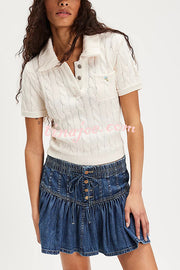 Solid Color Elastic Waist Button Tie Denim Mini Skirt