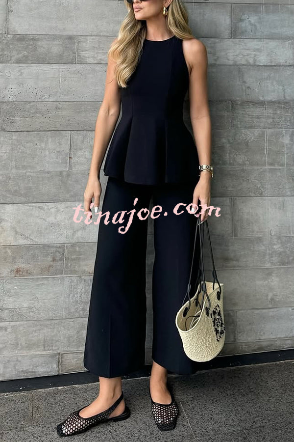 Solid Color Round Neck Sleeveless Casual Top and Loose Straight Pants Set