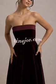 Center of Attention Velvet Satin Neck Bandeau Pleated Midi Dress