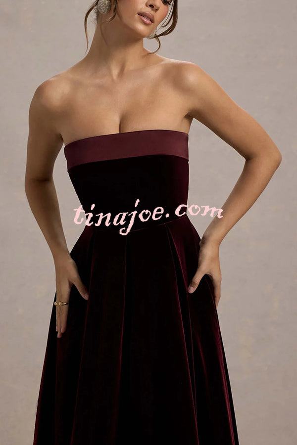 Center of Attention Velvet Satin Neck Bandeau Pleated Midi Dress