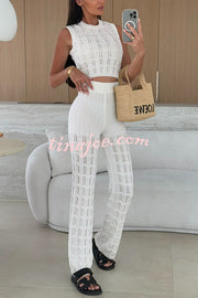 Solid Color Hollow Sleeveless Round Neck Knitted Vest and Stretch Casual Straight Pants Set