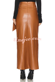Snappy Casual Slay Faux Leather High Rise Wrap Tie-up Stretch Maxi Skirt