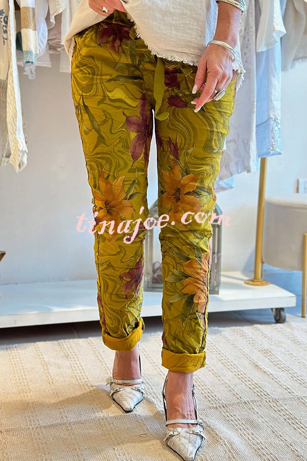 Floral Print Elastic Waist Casual Pocket Pants