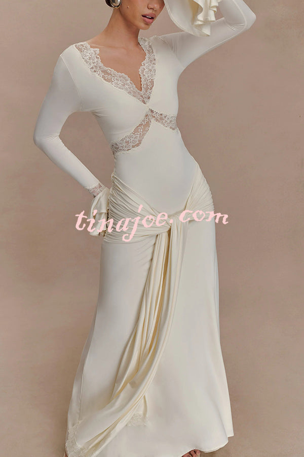 Fashion Lace Splicing Sexy V-neck Long-sleeved Slim Maxi Dress
