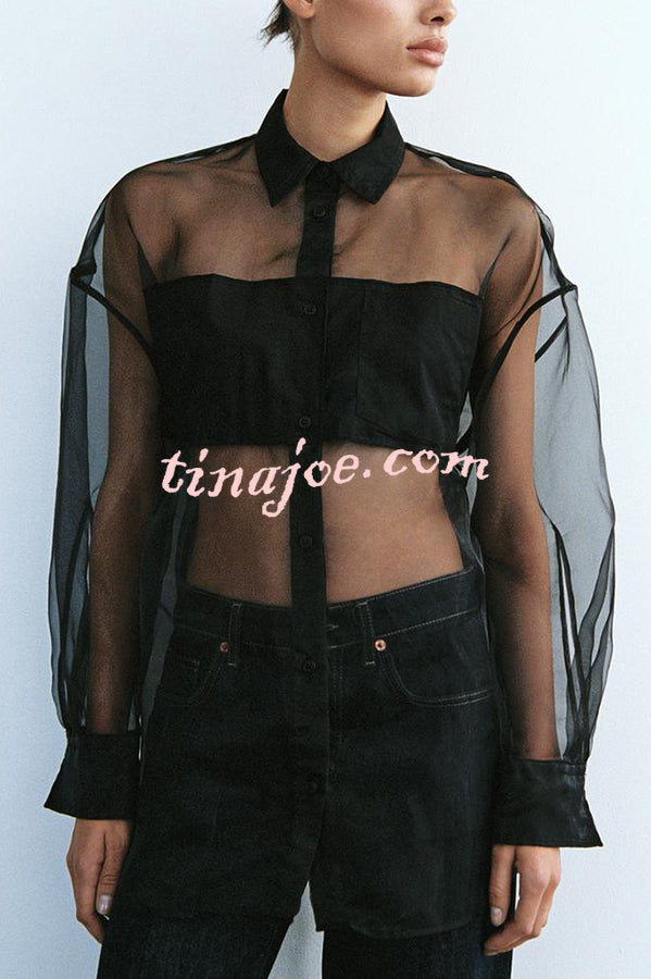 Party Partner Organza Patchwork Back Tie-up Semi-sheer Loose Blouse