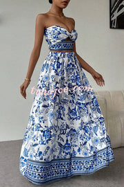 Floral Print Cutout Bandeau Top and Elastic Waist Full Maxi Skirt Set