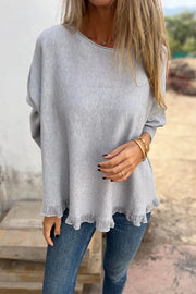 Solid Color Loose Long Sleeve Lace Knitted Sweater