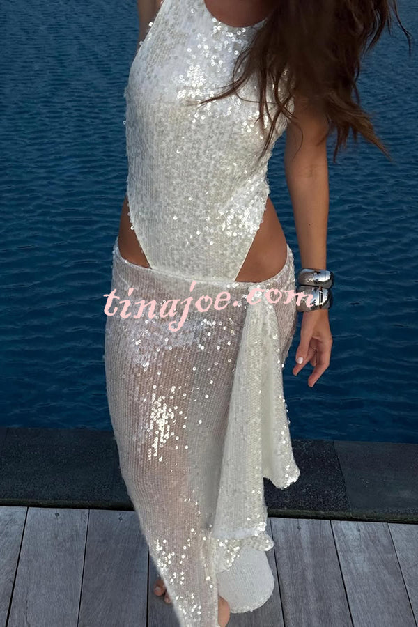 Fashion Sequin Sleeveless Fitted Rompers and Holiday Slit Maxi Skirt Set
