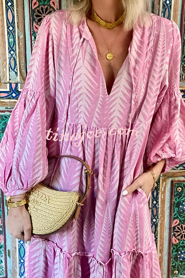 Marrakech Stories Linen Blend Printed Balloon Sleeve Pocketed A-line Midi Dress