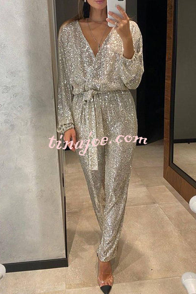 Cheers To You Sequin Long Sleeve Belted Wrap Loose Jumpsuit