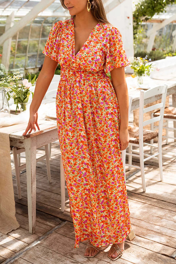 Floral Print V-Neck Short Sleeve Waist Maxi Dress
